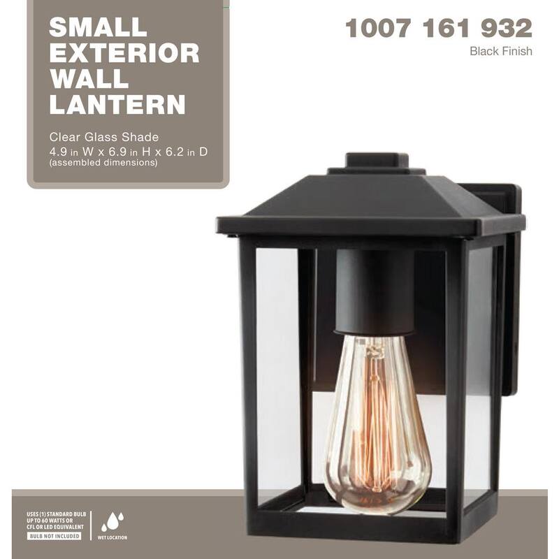 Marca privada sin marca 1 luz 7 pulgadas. Linterna de pared exterior clásica con cableado duro en negro con vidrio transparente - W2235-11