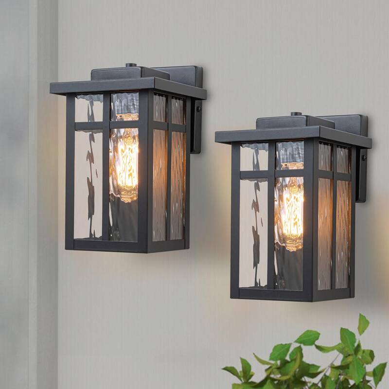 Luminarias de pared exteriores con luz dura con acabado mate negro Cattleya C, con cristal de agua, no incluye bombillas (paquete de 2) - HCA2429-2W