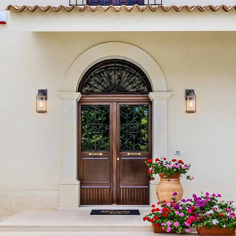 Lámpara de pared exterior con sensor de movimiento de atardecer a amanecer, con marco negro y vetas de madera sin focos incluidos (paquete de 2) - HCA2424-2W.