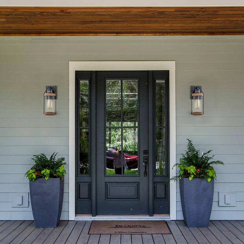 Lámpara de pared exterior con sensor de movimiento de atardecer a amanecer, con marco negro y vetas de madera sin focos incluidos (paquete de 2) - HCA2424-2W.