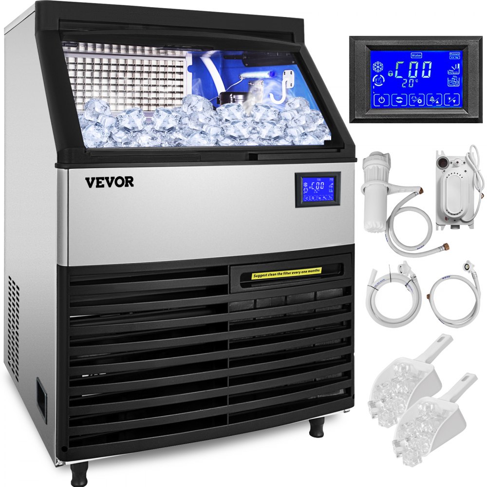 VEVOR Máquina para hacer hielo comercial, 440LBS/24H ETL aprobada máquina para hacer hielo debajo del mostrador con compresor SECOP, almacenamiento de 77LBS, bomba de drenaje de agua eléctrica, filtro de agua, 2 cucharadas incluidas - ZBJ170KGSYPPSB001V1