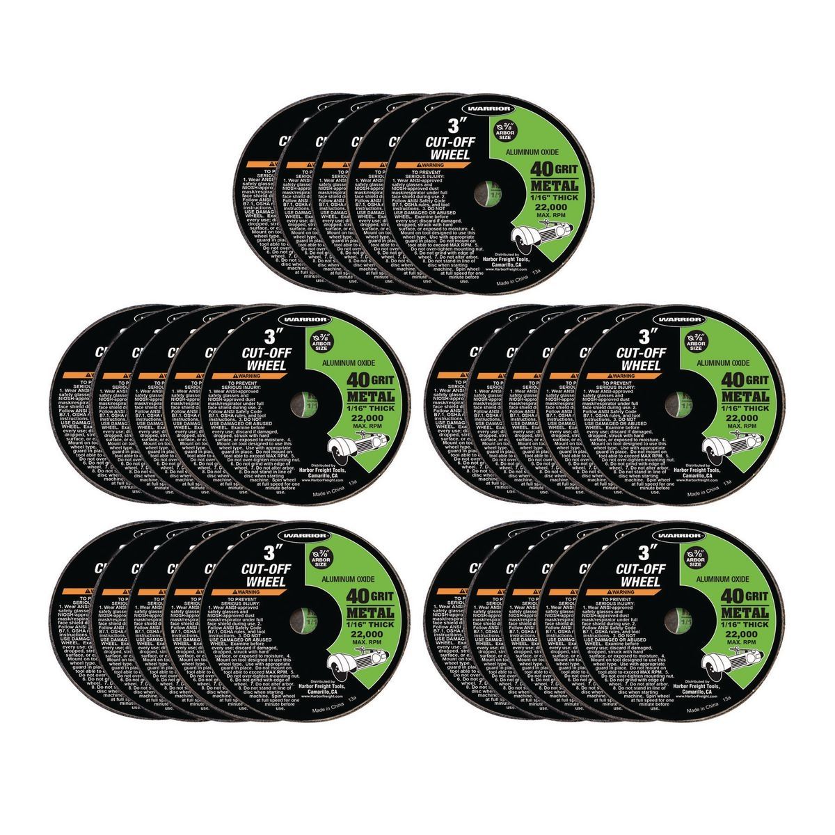 Ruedas de corte de metal Warrior de 3 pulgadas x 1/16 pulgadas x 3/8 pulgadas, paquete de 25 - 61355