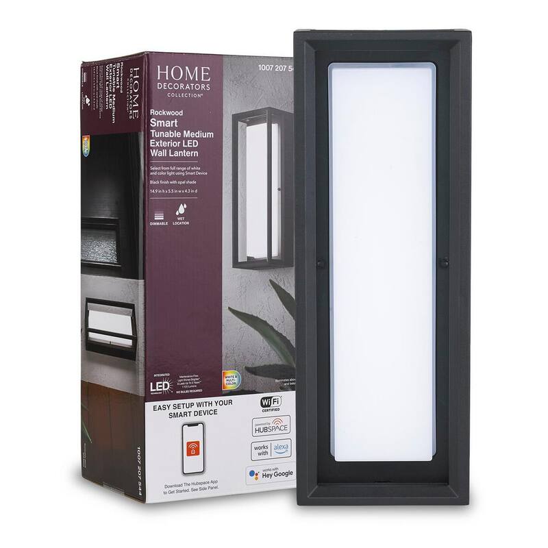 Colección de decoración para el hogar Rockwood de 14.93 pulgadas en negro, moderna luz de pared exterior con cambio de color LED integrado (1 paquete) alimentada por Hubspace - G19226
