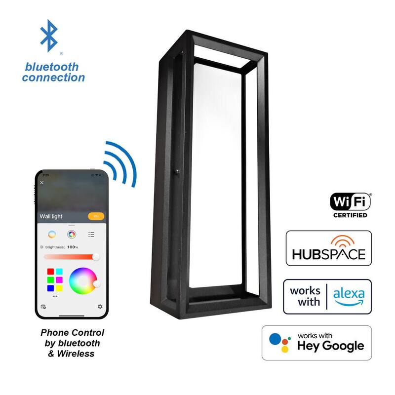 Colección de decoración para el hogar Rockwood de 14.93 pulgadas en negro, moderna luz de pared exterior con cambio de color LED integrado (1 paquete) alimentada por Hubspace - G19226