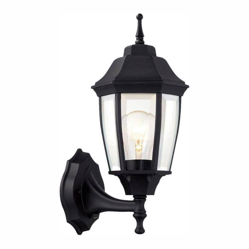 Luz de pared exterior decorativa Hampton Bay de 14.37 pulgadas en negro de encendido al atardecer y apagado al amanecer con cableado duro, con farol de pared sin bombilla incluida - G14796-BK
