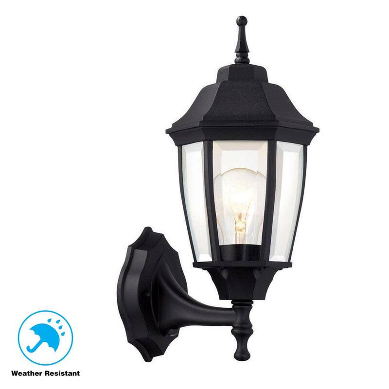 Luz de pared exterior decorativa Hampton Bay de 14.37 pulgadas en negro de encendido al atardecer y apagado al amanecer con cableado duro, con farol de pared sin bombilla incluida - G14796-BK