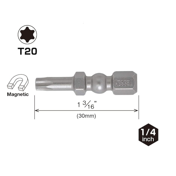 Vessel IMPACT BALL Torsion Bit T20x30, PK25 - IBTX2030P25K