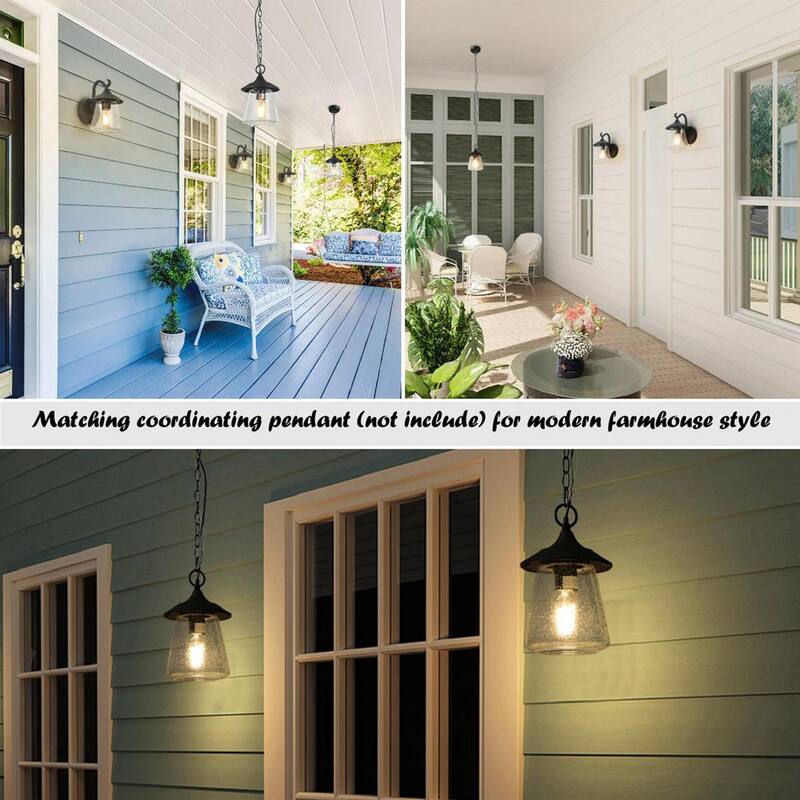 Lámpara de pared exterior LNC Modern Frosted Black Porch con un foco clásico y una pantalla de vidrio claro sembrado en forma de hongo - VAFNYAHD13356V6