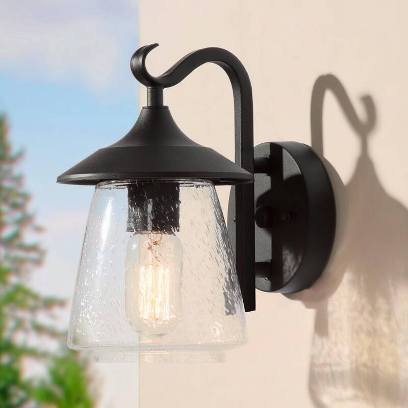 Lámpara de pared exterior LNC Modern Frosted Black Porch con un foco clásico y una pantalla de vidrio claro sembrado en forma de hongo - VAFNYAHD13356V6
