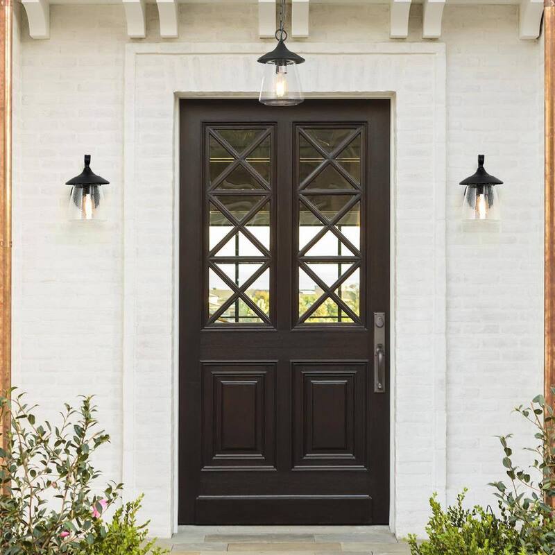 Lámpara de pared exterior LNC Modern Frosted Black Porch con un foco clásico y una pantalla de vidrio claro sembrado en forma de hongo - VAFNYAHD13356V6