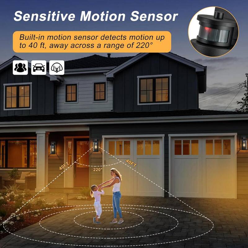 C Cattleya Lámpara de pared exterior mate negra con sensor de movimiento al amanecer y al anochecer sin energía solar de vidrio templado transparente (paquete de 2) - CA2239-2W