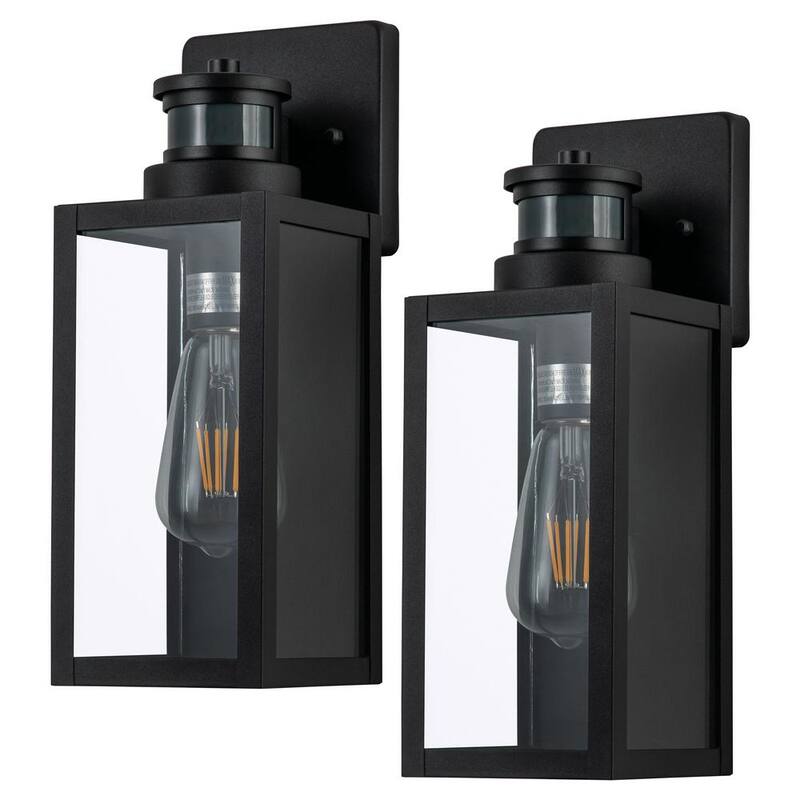 C Cattleya Lámpara de pared exterior mate negra con sensor de movimiento al amanecer y al anochecer sin energía solar de vidrio templado transparente (paquete de 2) - CA2239-2W