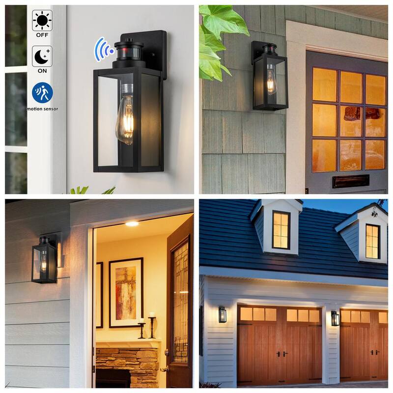C Cattleya Lámpara de pared exterior mate negra con sensor de movimiento al amanecer y al anochecer sin energía solar de vidrio templado transparente (paquete de 2) - CA2239-2W
