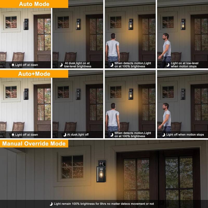 C Cattleya Lámpara de pared exterior mate negra con sensor de movimiento al amanecer y al anochecer sin energía solar de vidrio templado transparente (paquete de 2) - CA2239-2W