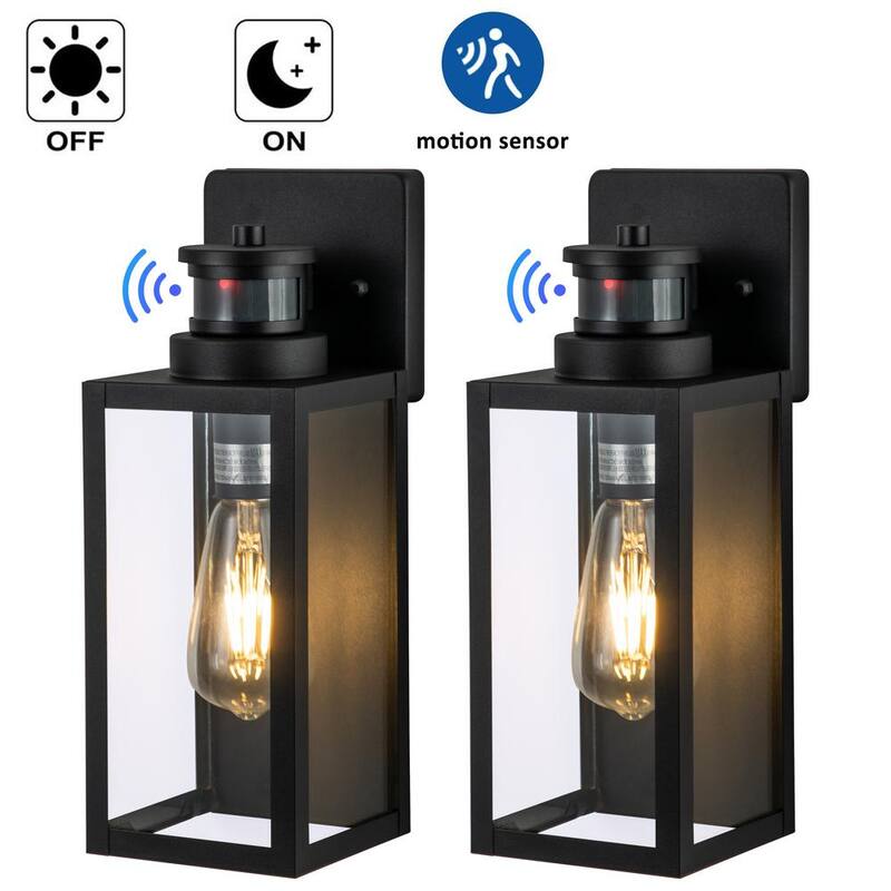 C Cattleya Lámpara de pared exterior mate negra con sensor de movimiento al amanecer y al anochecer sin energía solar de vidrio templado transparente (paquete de 2) - CA2239-2W