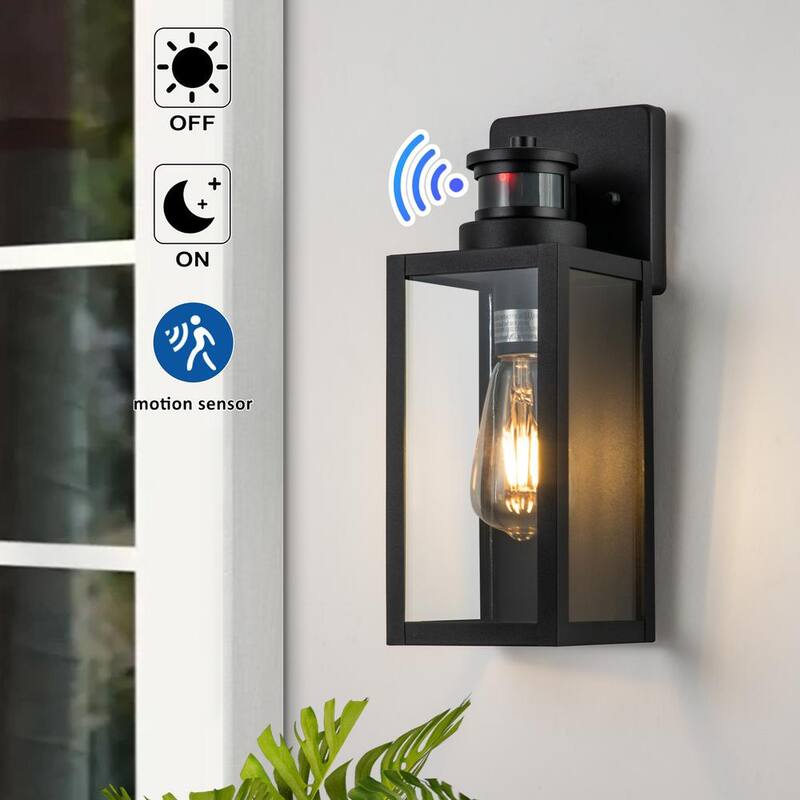C Cattleya Lámpara de pared exterior mate negra con sensor de movimiento al amanecer y al anochecer sin energía solar de vidrio templado transparente (paquete de 2) - CA2239-2W