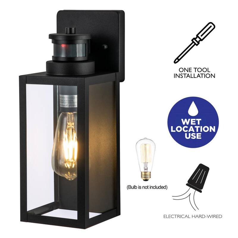 C Cattleya Lámpara de pared exterior mate negra con sensor de movimiento al amanecer y al anochecer sin energía solar de vidrio templado transparente (paquete de 2) - CA2239-2W