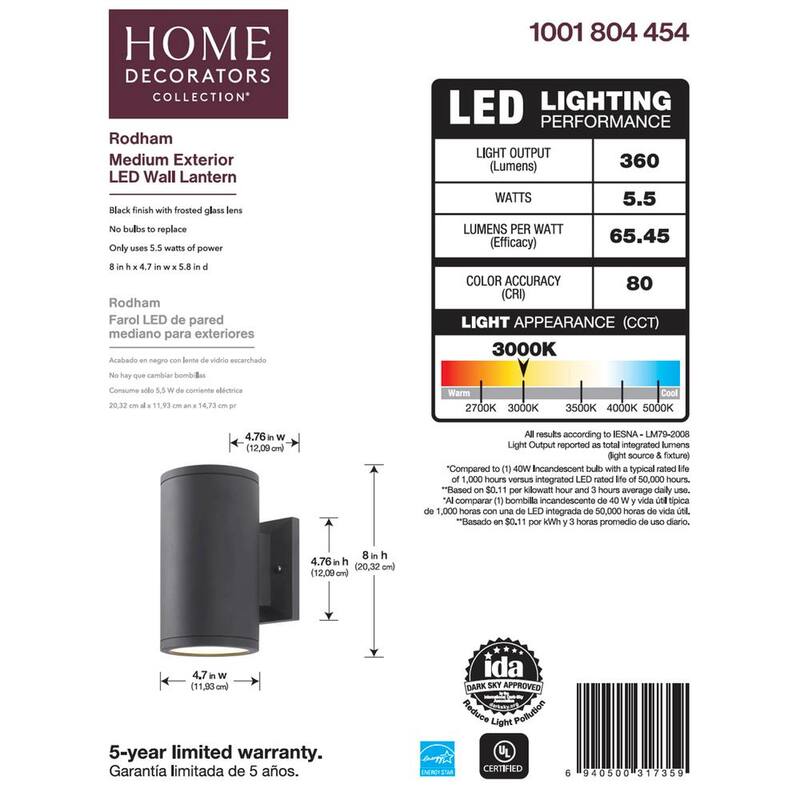 Colección de decoración para el hogar Rodham, 8 pulgadas, Linterna de Pared para Exteriores con luz LED integrada en color negro - IZC1691L-2