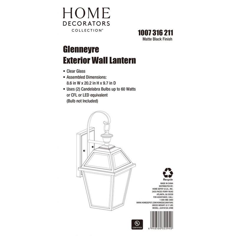 Colección de decoración para el hogar Glenneyre 20.25 pulgadas en negro mate Farol de Pared de Estilo Gas Francés Cuartel Duro al Aire Libre con Cable - JLW1612A-3/MB