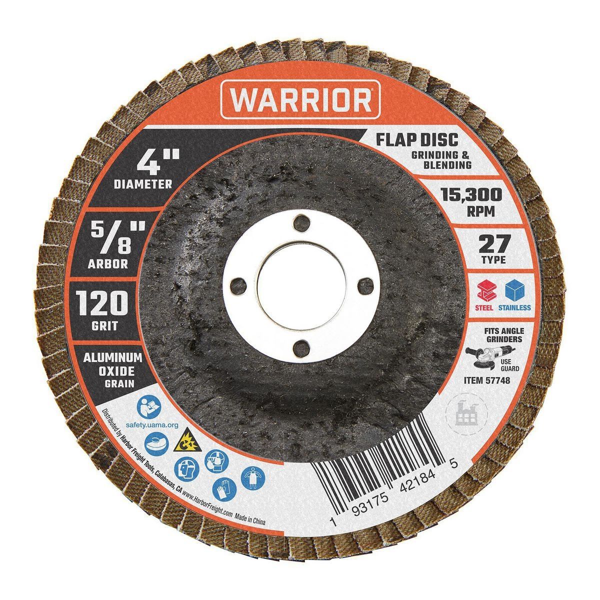 Disco de láminas tipo 27 Warrior de 4 pulgadas x 5/8 pulgadas, grano de óxido de aluminio de 120 granos, respaldo de fibra de vidrio - 57748