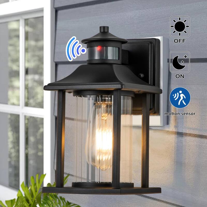 Lámpara de pared exterior Cattleya de 1 luz en color negro mate con sensor de movimiento al amanecer y al anochecer, sin energía solar, con vidrio rayado transparente (paquete de 2) - CA2238-2W