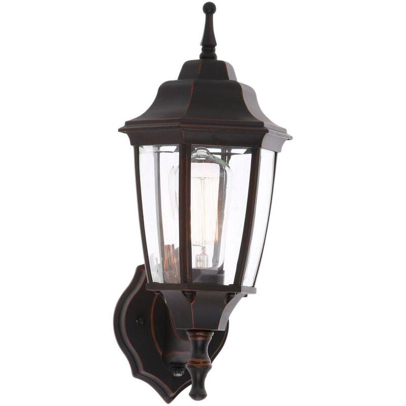 Luz de pared para exteriores Hampton Bay de 14.5 pulgadas, 1 luz en color bronce aceitado con cableado duro al anochecer con el amanecer, con farol sin bombilla incluida - BPP1611-ORB