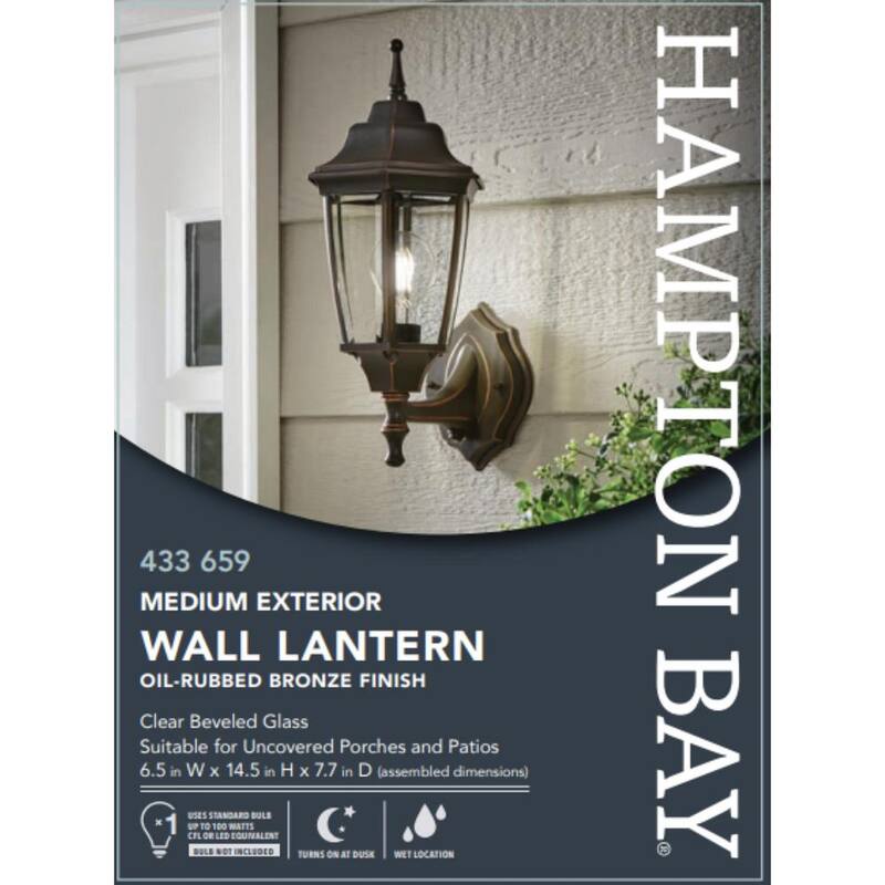 Luz de pared para exteriores Hampton Bay de 14.5 pulgadas, 1 luz en color bronce aceitado con cableado duro al anochecer con el amanecer, con farol sin bombilla incluida - BPP1611-ORB