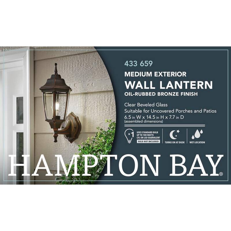 Luz de pared para exteriores Hampton Bay de 14.5 pulgadas, 1 luz en color bronce aceitado con cableado duro al anochecer con el amanecer, con farol sin bombilla incluida - BPP1611-ORB