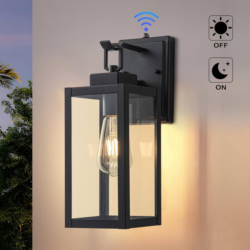 C Cattleya 1-Light Linterna de Pared Exterior al Amanecer y Anochecer en Negro Mate con Vidrio Templado Transparente - CA2012-W