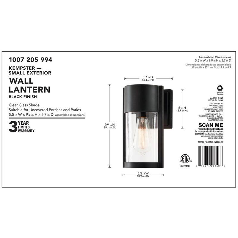 Luz de pared exterior moderna de un solo foco en negro mate Hampton Bay Kempster de 9.92 pulgadas con vidrio transparente - W2220-11