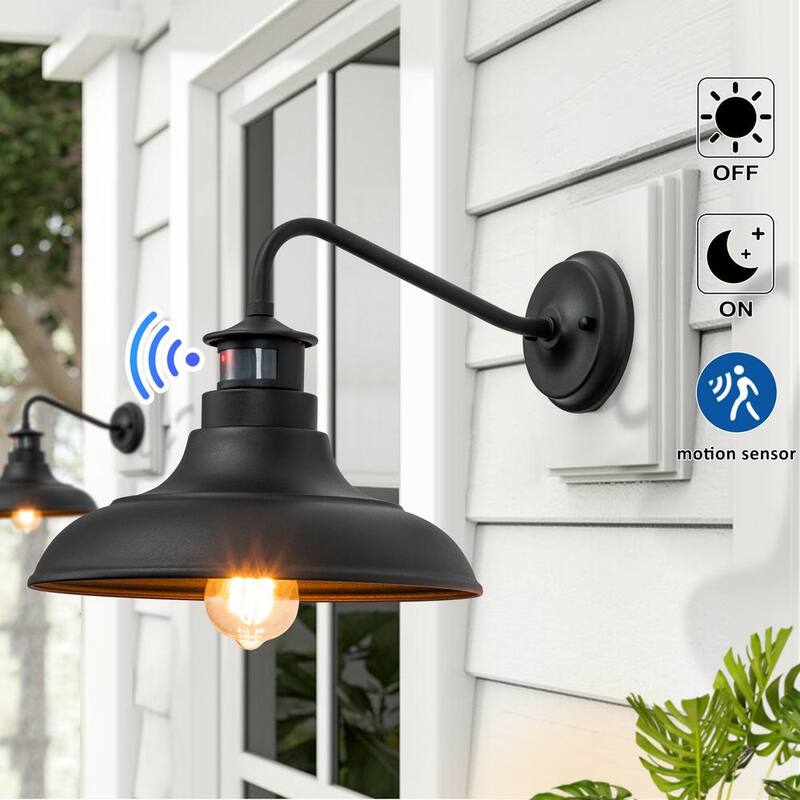C Cattleya 1-Light Linterna de Pared Exterior con Sensor de Movimiento, Anochecer hasta el Amanecer y Brazo de Cuello de Ganso en Negro Mate (Paquete de 2) - CA2196-2W