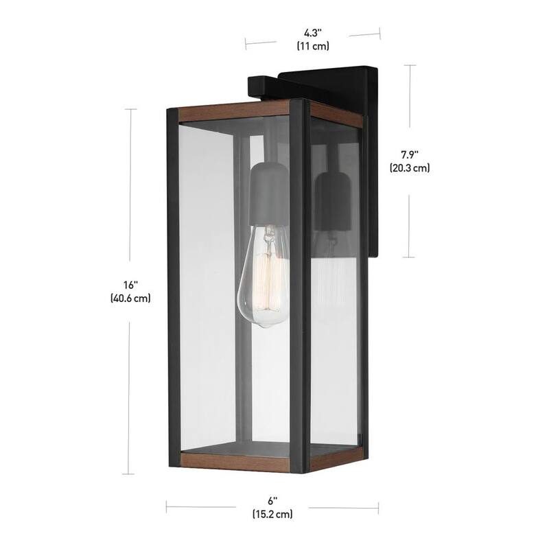 Lámpara de pared de interior/exterior Globe Electric Bowery en negro mate con acentos de madera falsa - 44681