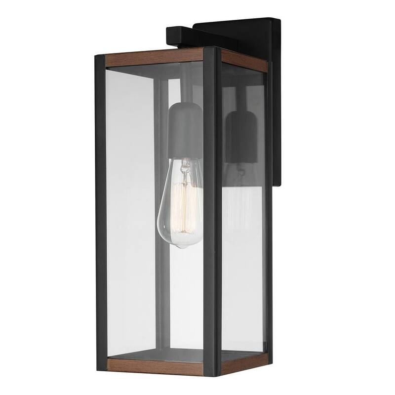 Lámpara de pared de interior/exterior Globe Electric Bowery en negro mate con acentos de madera falsa - 44681
