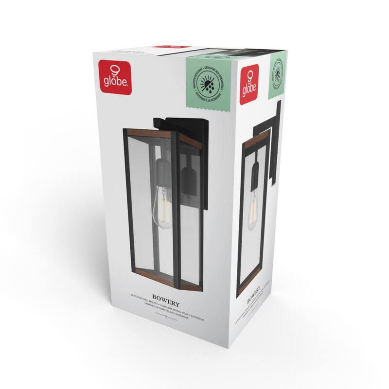 Lámpara de pared de interior/exterior Globe Electric Bowery en negro mate con acentos de madera falsa - 44681