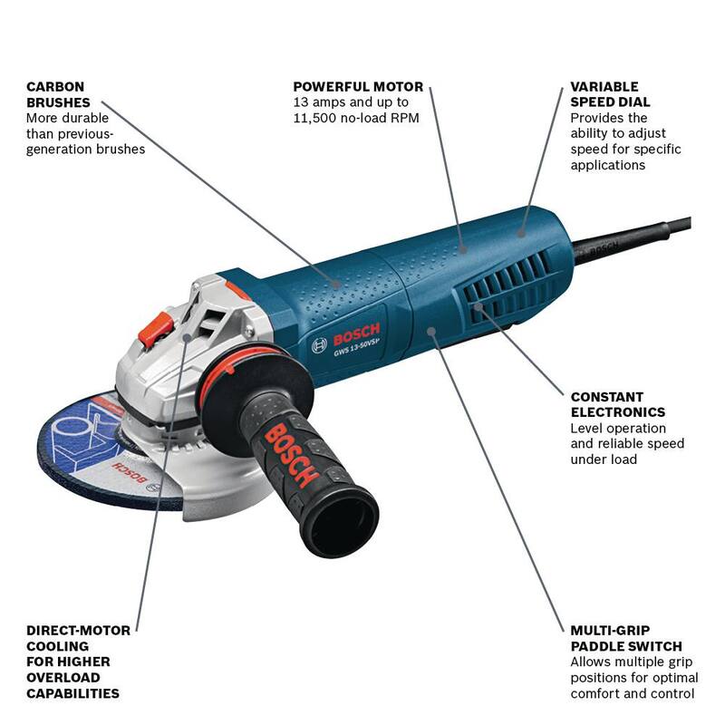 Amoladora de velocidad variable con interruptor de paleta de 5 pulgadas con cable de 13 amperios de Bosch - GWS13-50VSP