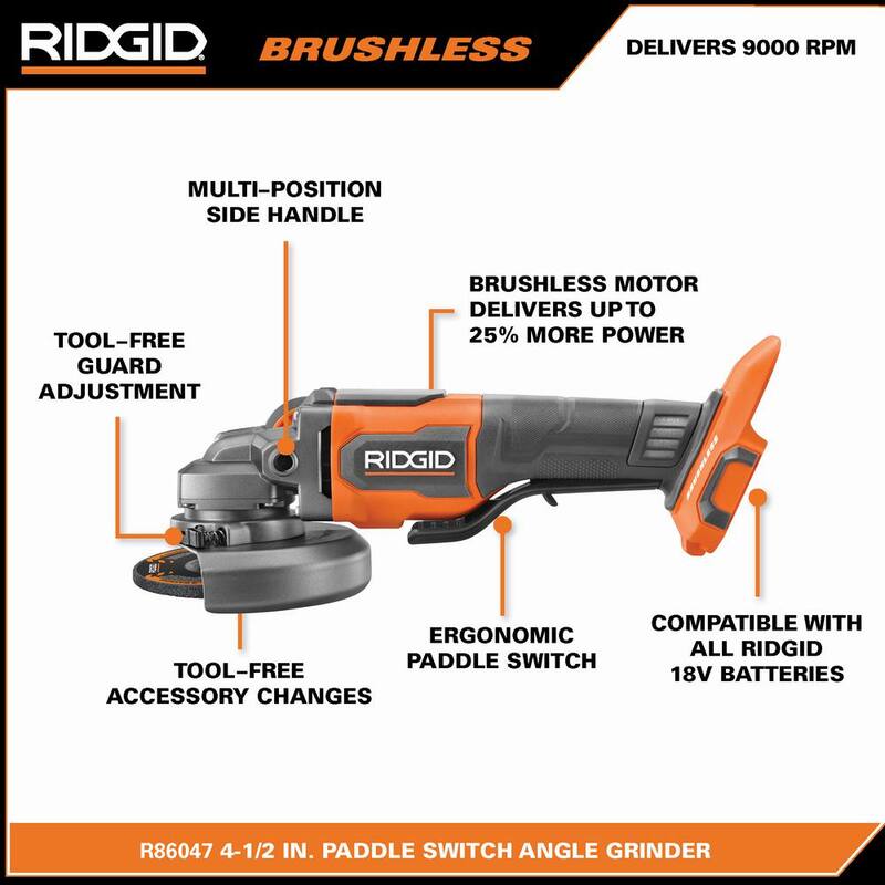 Amoladora Angular Inalámbrica RIDGID 18V con Tecnología Brushless de 4-1/2 pulgadas. Incluye Batería de 4.0 Ah y Cargador - R86047KN
