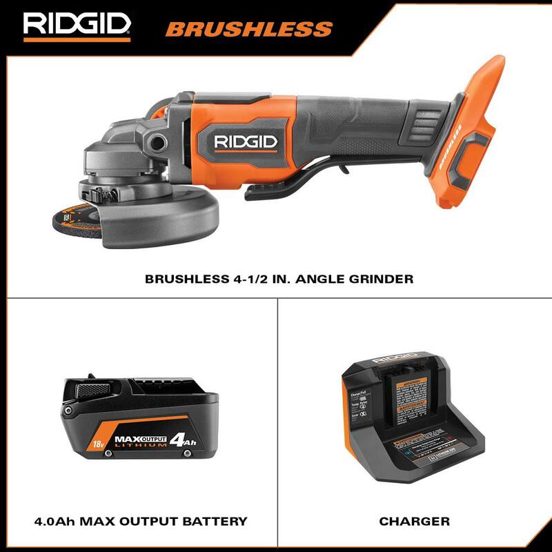 Amoladora Angular Inalámbrica RIDGID 18V con Tecnología Brushless de 4-1/2 pulgadas. Incluye Batería de 4.0 Ah y Cargador - R86047KN
