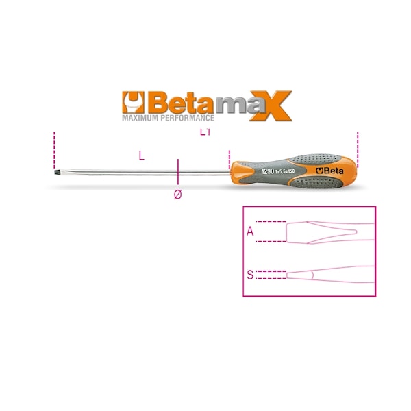 Beta 1290 6.5 x 150mm Screwdriver for Slotted Head Screws - 012900051