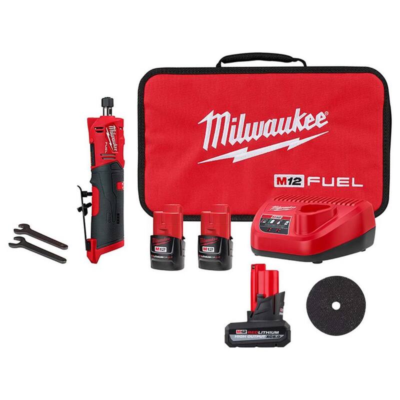 Molinillo recto inalámbrico de matriz recta Milwaukee M12 FUEL de 12 voltios con batería de 5.0 HO y ruedas de corte de metal (paquete de 5) - 2486-22-48-11-2450-49-94-2000.