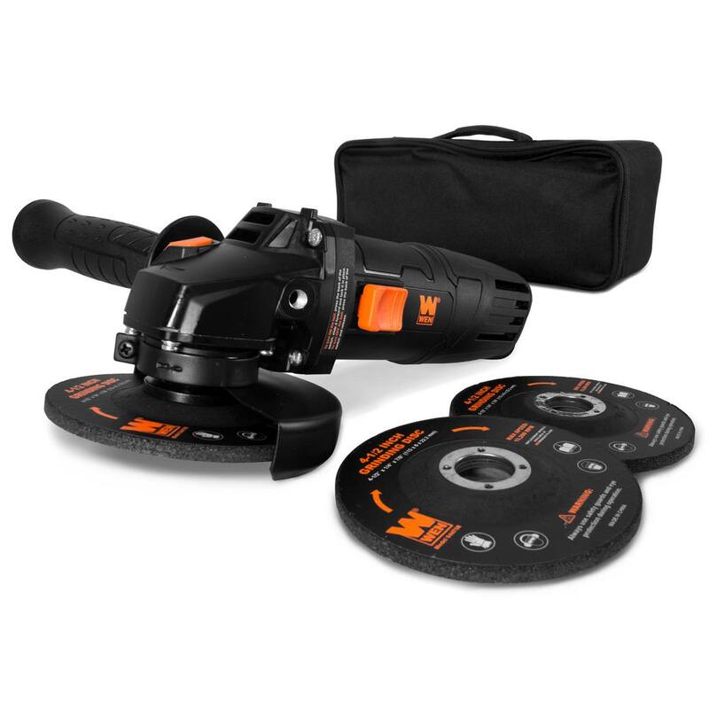 Rectificadora de ángulo con cable de 7.5 amperes de 4-1/2 pulgadas WEN con mango reversible, 3 discos de molienda y estuche de transporte - 94475.