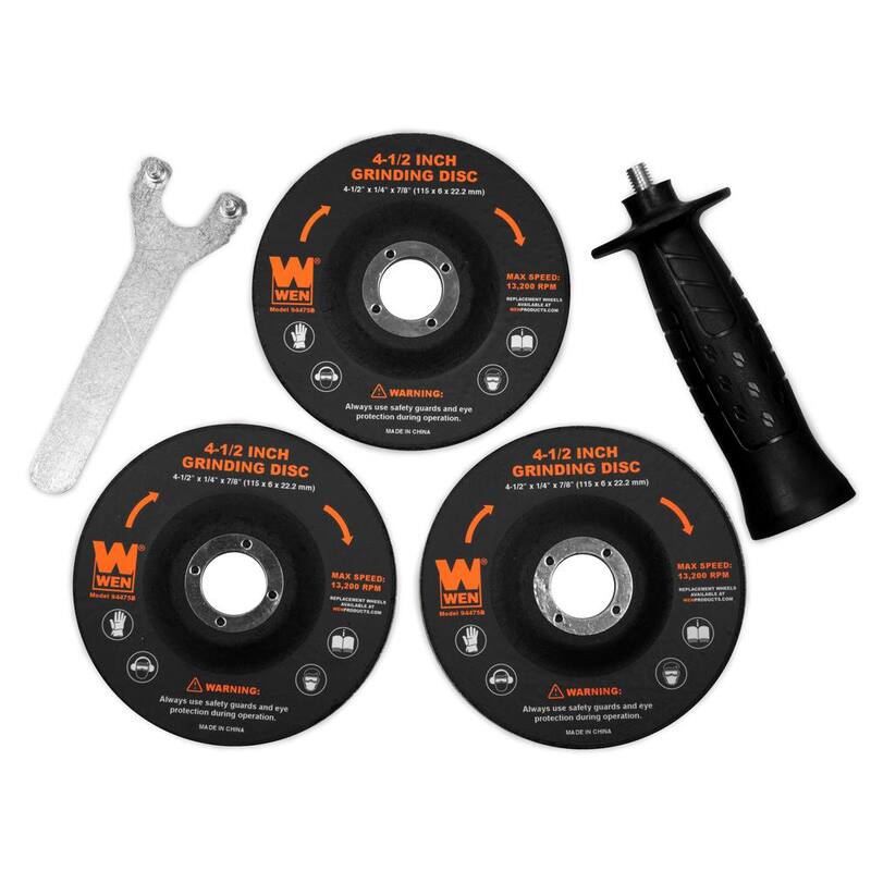 Rectificadora de ángulo con cable de 7.5 amperes de 4-1/2 pulgadas WEN con mango reversible, 3 discos de molienda y estuche de transporte - 94475.