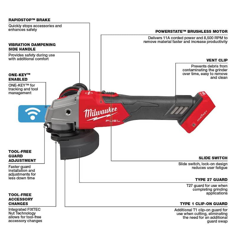Esmeriladora Milwaukee M18 FUEL 18V de Ion de Litio sin Escobillas Inalámbrica de 4-1/2 in./5 in. con Interruptor Deslizante (Herramienta Solamente) - 2883-20