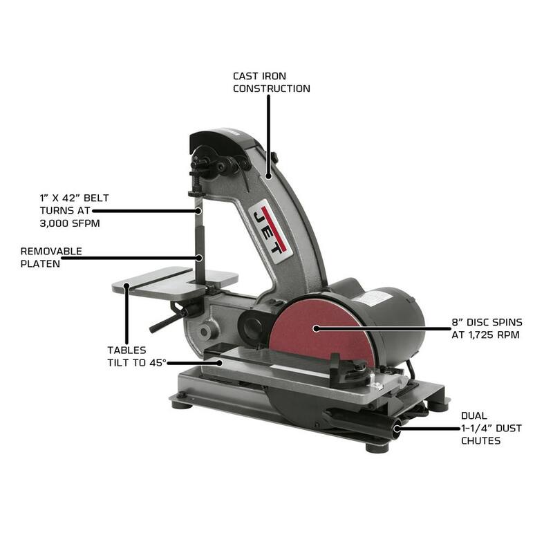 Lijadora de banda de 1/3 HP y 1 pulgada x 42 pulgadas de Jet, así como de disco de 8 pulgadas, para banco, 115 voltios J-4002 - 577003.