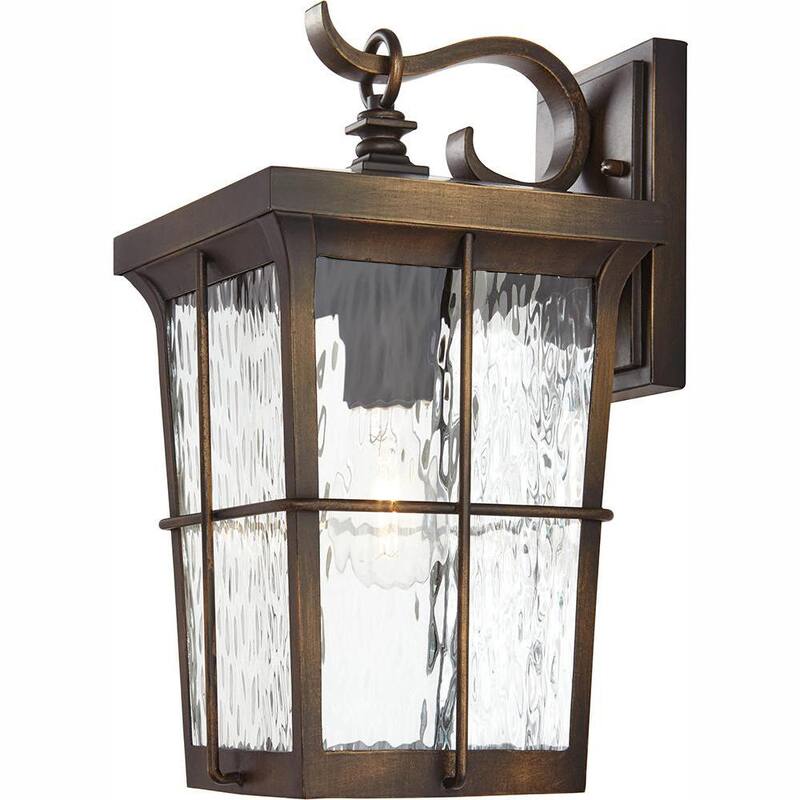 Colección de decoración para el hogar Barrington de 14 pulgadas. Lámpara de pared exterior con un solo foco, acabado en bronce dorado, con vidrio transparente de agua - 23482.