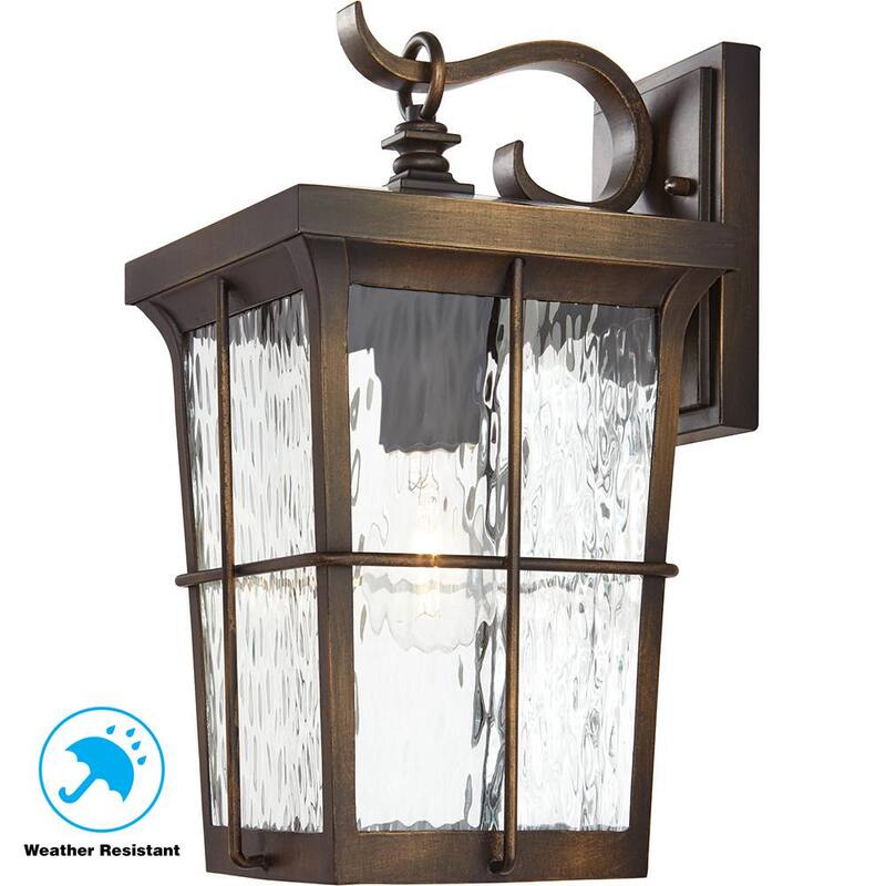 Colección de decoración para el hogar Barrington de 14 pulgadas. Lámpara de pared exterior con un solo foco, acabado en bronce dorado, con vidrio transparente de agua - 23482.