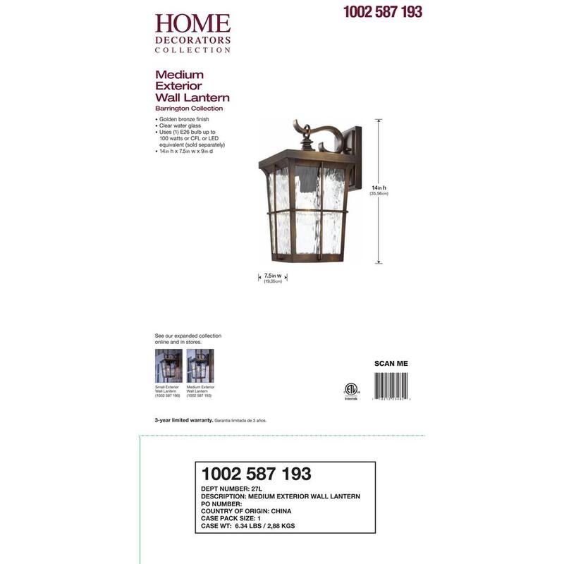 Colección de decoración para el hogar Barrington de 14 pulgadas. Lámpara de pared exterior con un solo foco, acabado en bronce dorado, con vidrio transparente de agua - 23482.