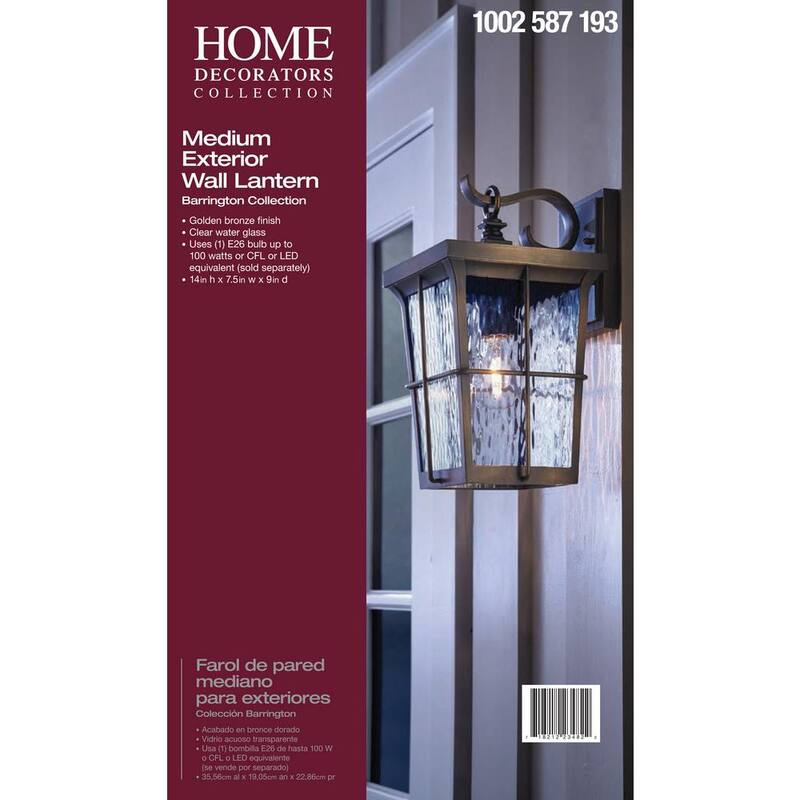 Colección de decoración para el hogar Barrington de 14 pulgadas. Lámpara de pared exterior con un solo foco, acabado en bronce dorado, con vidrio transparente de agua - 23482.