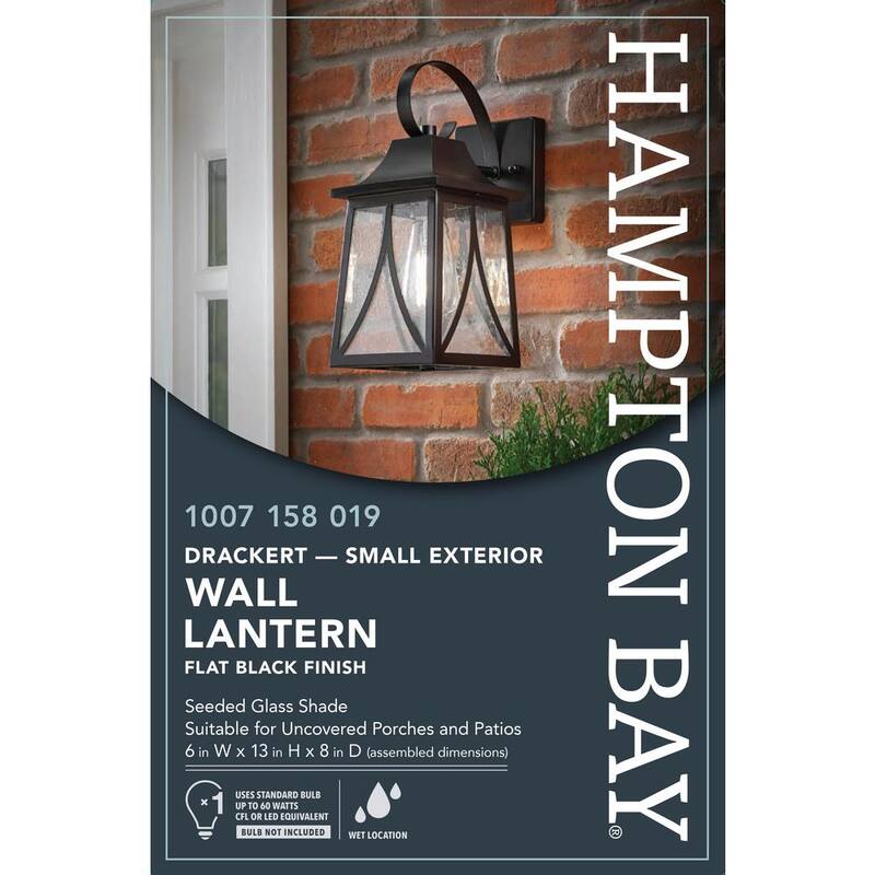 Lámpara de pared exterior Hampton Bay Drackert de 13 pulgadas con 1 luz, color negro mate con cableado, con vidrio semilla, no incluye bombilla - 28235