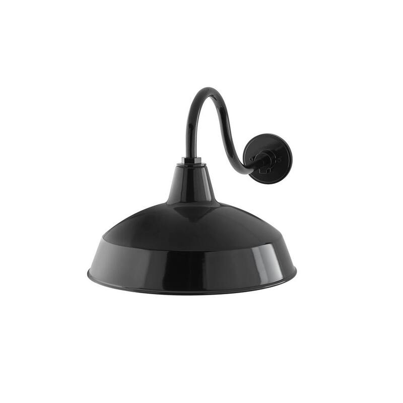 Lámpara de pared exterior Hampton Bay Easton de 14 pulgadas con un foco, estilo granero, negro, con cableado duro y pantalla de acero, sin foco incluido - KHC1691A-3.