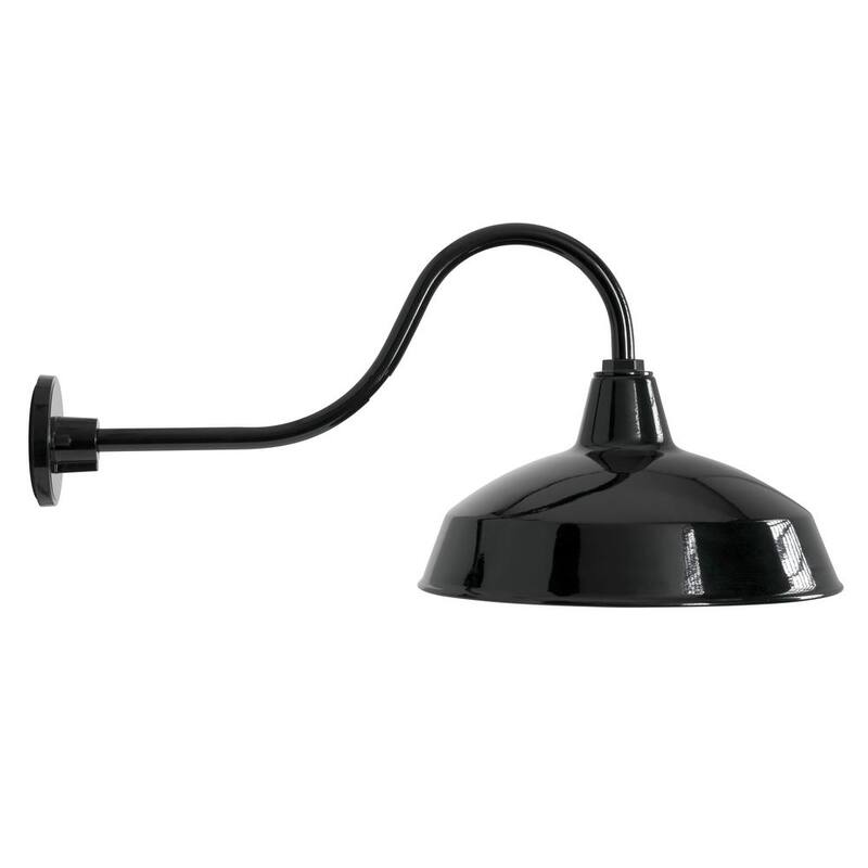 Lámpara de pared exterior Hampton Bay Easton de 14 pulgadas con un foco, estilo granero, negro, con cableado duro y pantalla de acero, sin foco incluido - KHC1691A-3.